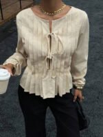 بلوزة نسائية بياقة مستديرة مع ربطة أمامية