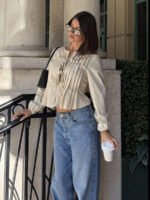 ⁦بلوزة نسائية بياقة مستديرة مع ربطة أمامية⁩ - الصورة ⁦5⁩