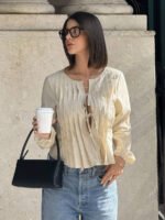 ⁦بلوزة نسائية بياقة مستديرة مع ربطة أمامية⁩ - الصورة ⁦9⁩